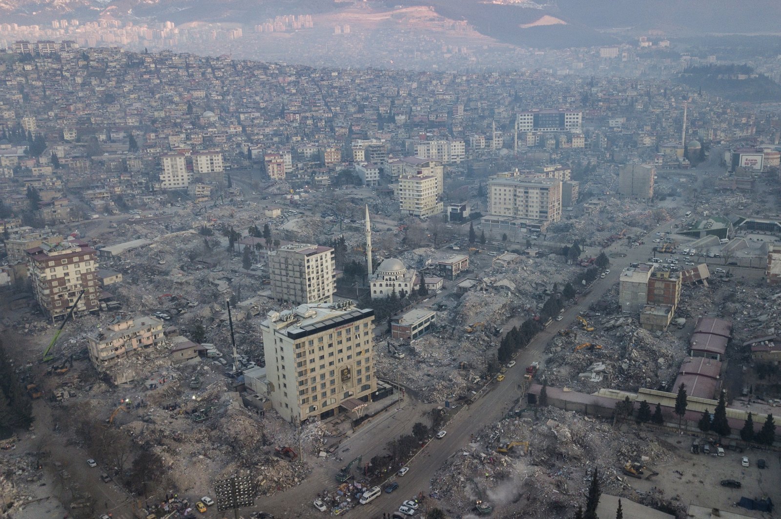 A picture taken with a drone shows a general view over an area with many collapsed buildings after the powerful earthquake in Kahramanmaraş, southern Türkiye, Feb. 13, 2023. (EPA Photo)