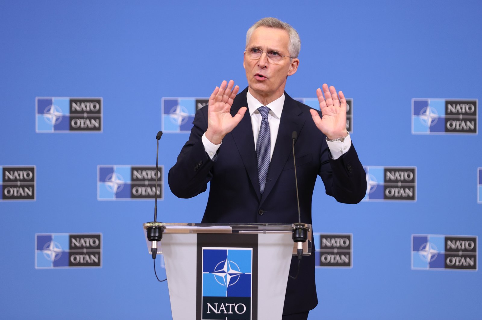 NATO Secretary-General Jens Stoltenberg speaks at a news conference, in Brussels, Belgium, Feb. 13, 2023. (AA Photo)