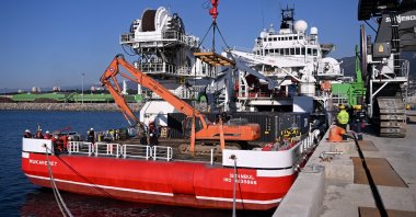 The vessel "Mukavemet," seen loaded with equipment for disaster relief at Iskenderun Port, Hatay, Türkiye, Feb. 14, 2023. (AA Photo)