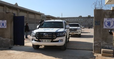 Convoy carrying U.N. delegates arrive at U.N. World Food Programme (WFP) warehouses in Sarmada, Idlib, Syria, Feb. 14, 2023. (EPA Photo)