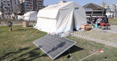 A solar panel is seen in a tent city in Hatay, Türkiye, Feb. 15, 2023. (AA Photo)