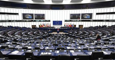 European Central Bank (ECB) President Christine Lagarde (C) speaks during a debate, as part of a plenary session at the European Parliament in Strasbourg, eastern France, on Feb. 15, 2023. (AFP Photo)