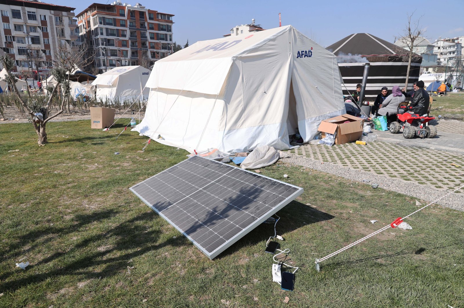 A solar panel is seen in a tent city in Hatay, Türkiye, Feb. 15, 2023. (AA Photo)
