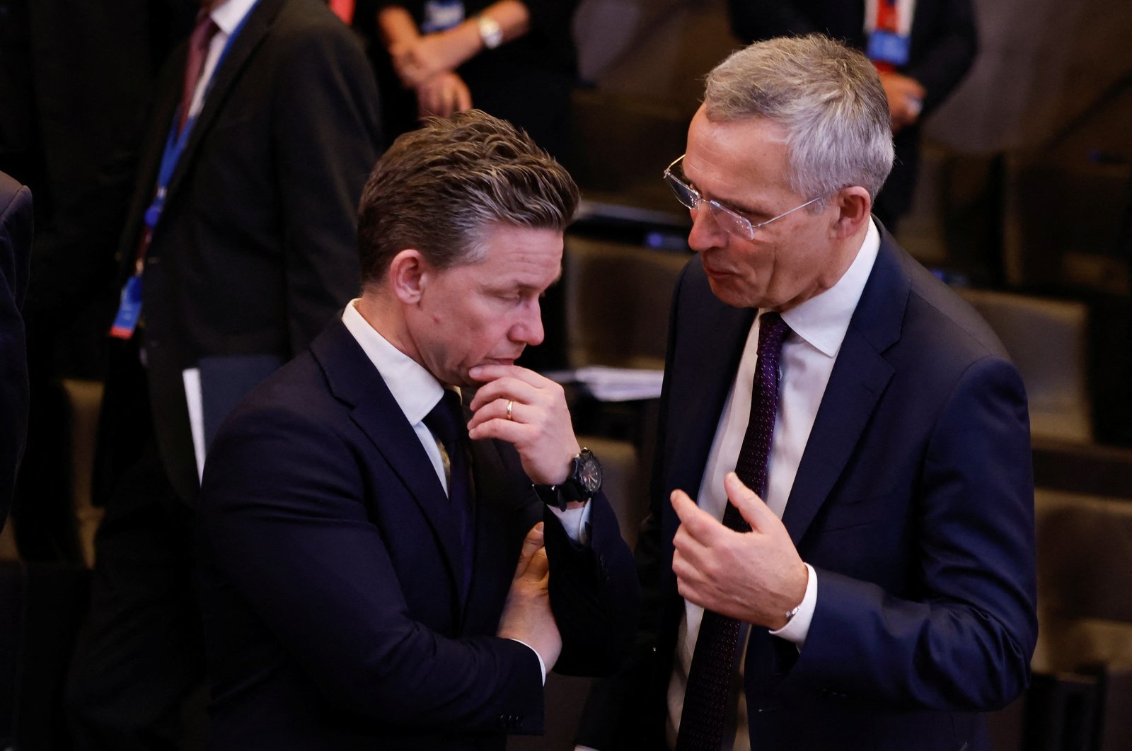 NATO Secretary General Jens Stoltenberg (R) and Sweden&#039;s Defence Minister Pal Jonson (L) attend a NATO defense ministers&#039; meeting at the Alliance&#039;s headquarters in Brussels, Belgium, on Feb. 15, 2023. (Reuters Photo)
