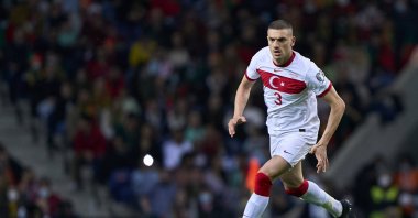 Türkiye&#039;s Merih Demiral in action during the 2022 FIFA World Cup Qualifier knockout round playoff match against Portugal at Estadio do Dragao, Porto, Portugal, March 24, 2022. (Getty Images Photo)