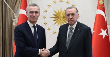 Turkish President Recep Tayyip Erdoğan (R) receives NATO Secretary-General Jens Stoltenberg (L) in the capital Ankara, Türkiye, Feb. 16, 2023. (AA Photo)