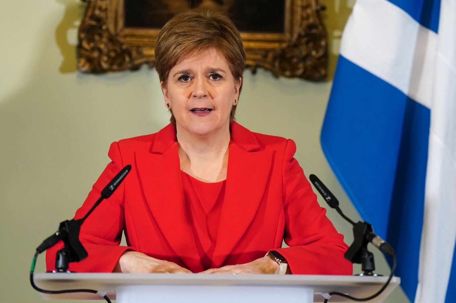 Scotland&#039;s First Minister, and leader of the Scottish National Party (SNP), Nicola Sturgeon, speaks during a press conference at Bute House in Edinburgh, Scotland, Feb. 15, 2023. (AFP Photo)