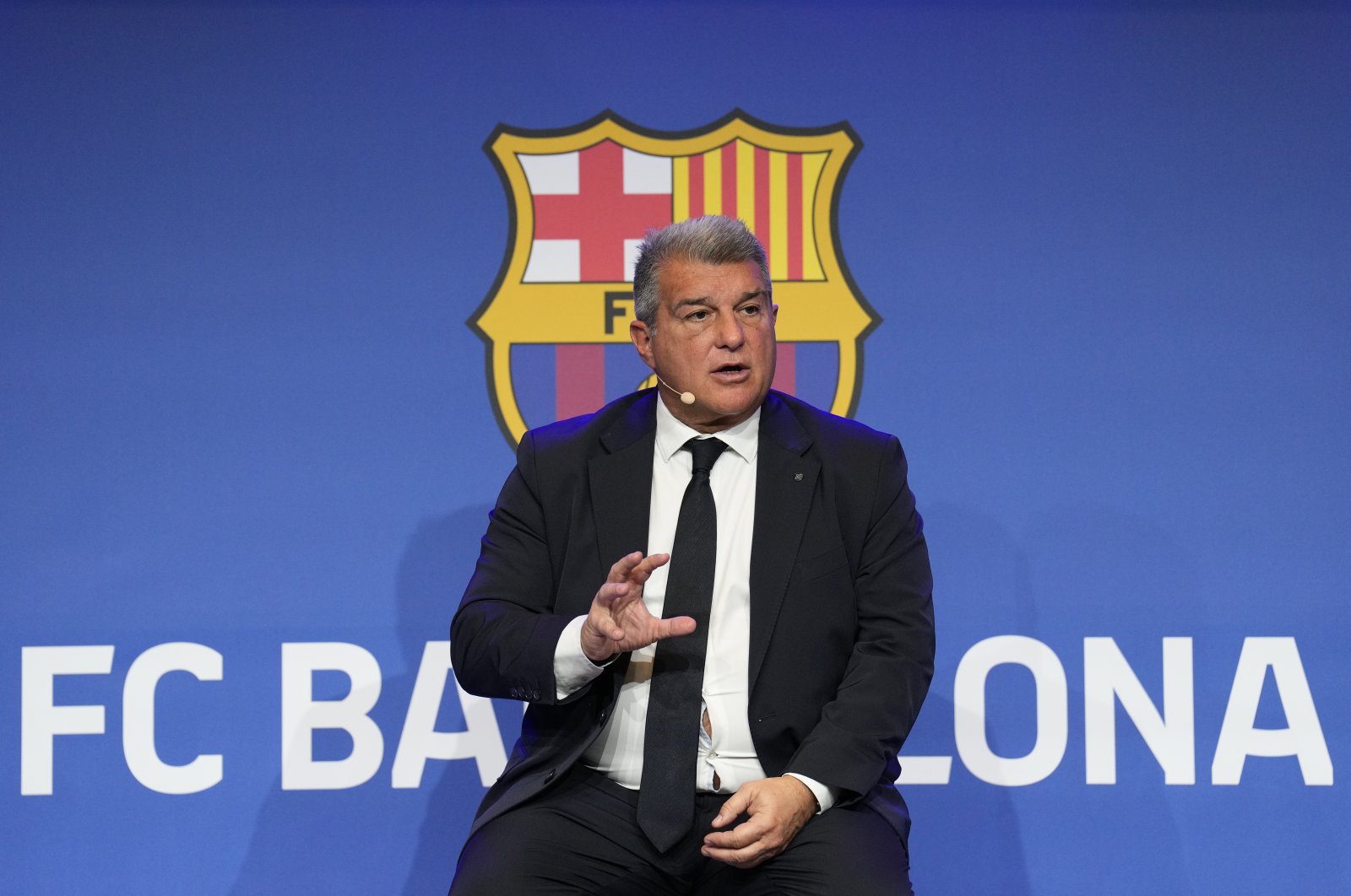FC Barcelona President Joan Laporta addresses a news conference to report on the club&#039;s current situation, Barcelona, Spain, Feb. 9, 2023. (EPA Photo)