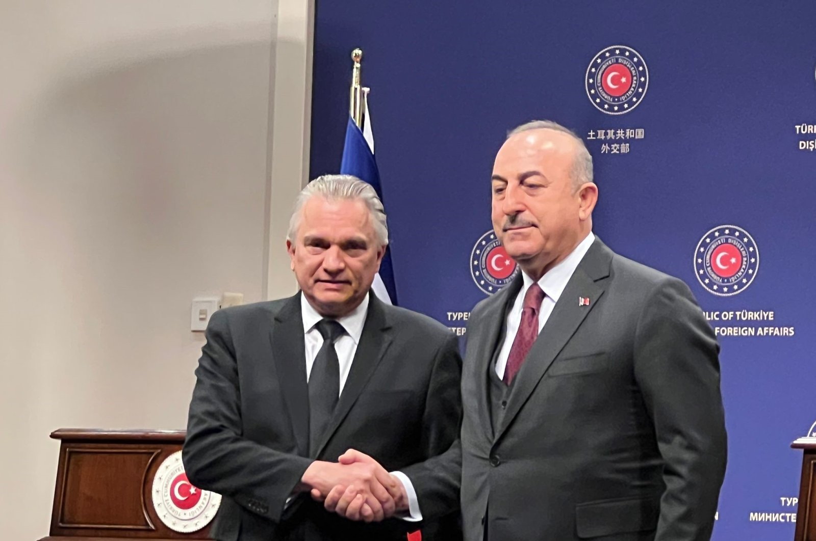 Foreign Minister Mevlüt Çavuşoğlu (R) shakes hands with Costa Rica FM Arnoldo Andre Tinoco (L) in the capital Ankara, Türkiye, Feb. 16, 2023. (İHA Photo)