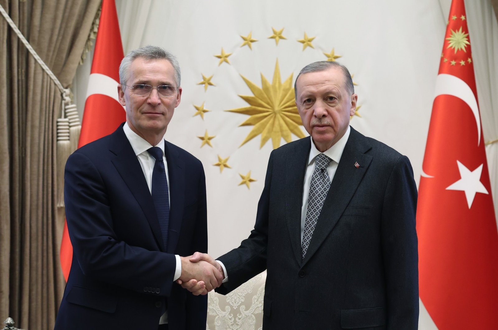 Turkish President Recep Tayyip Erdoğan (R) receives NATO Secretary-General Jens Stoltenberg (L) in the capital Ankara, Türkiye, Feb. 16, 2023. (AA Photo)