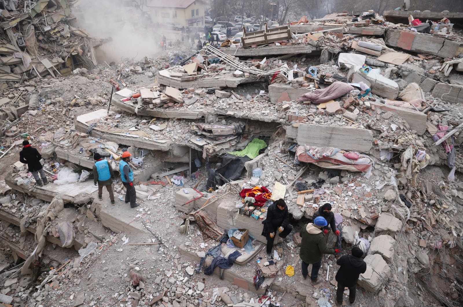 Rescuers continue to search for victims and survivors trapped under the debris, in the aftermath of a deadly earthquake in Kahramanmaraş, Türkiye, Feb. 10, 2023. (Reuters Photo)