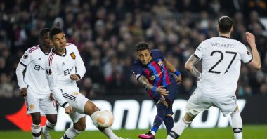 FC Barcelona's striker Raphinha (C) in action during the Europa League playoff, first leg match between against Manchester United, Barcelona, Spain, Feb. 16 2023. (EPA Photo)