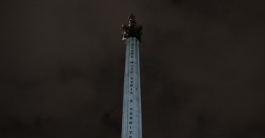 "Stand with Syria and Türkiye" message projected on iconic Nelson Column located in Trafalgar Square, London, U.K., Feb. 16, 2023. (AA Photo)