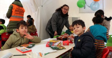 Psychological support is provided to children in tents in the earthquake zone, Kahramanmaraş, Türkiye, Feb. 17, 2023. (DHA Photo)