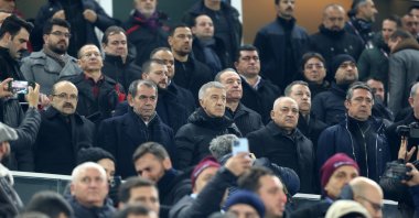Trabzon Governor Ismail Ustaoğlu (L), TFF President Mehmet Büyükekşi (2nd R), Trabzonspor Club President Ahmet Ağaoğlu (3rd L), Fenerbahçe Club President Ali Koç (R), and Glatasaray President Dursun Özbek (2nd L) during the Trabzonspor-Basel UEFA Conference League match, Trabzon, Türkiye, Feb. 16, 2023. (AA Photo)
