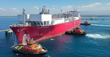 The Ertuğrul Gazi floating storage and regasification unit (FSRU) is seen at the port in Dörtyol, Hatay province, southern Türkiye, Feb. 17, 2022. (Energy and Natural Resources Ministry via AA)