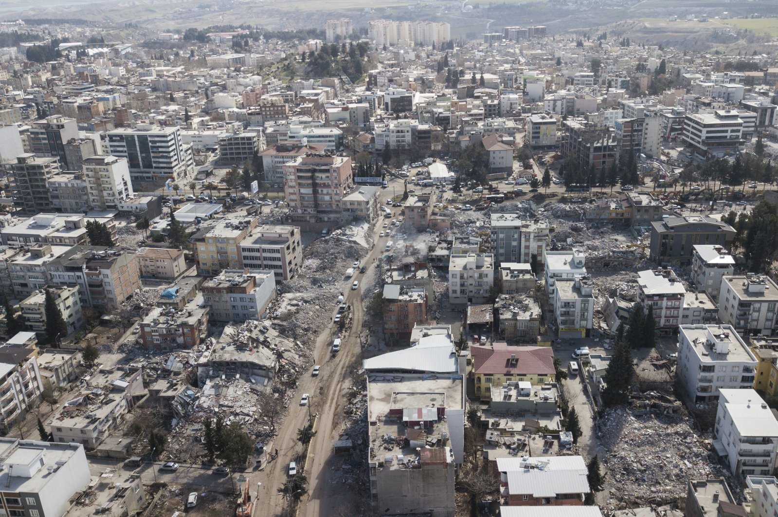 An aerial picture taken with a drone shows a general view of collapsed buildings following a powerful earthquake in Adıyaman, southeastern Türkiye, Feb. 15, 2023. (EPA Photo)