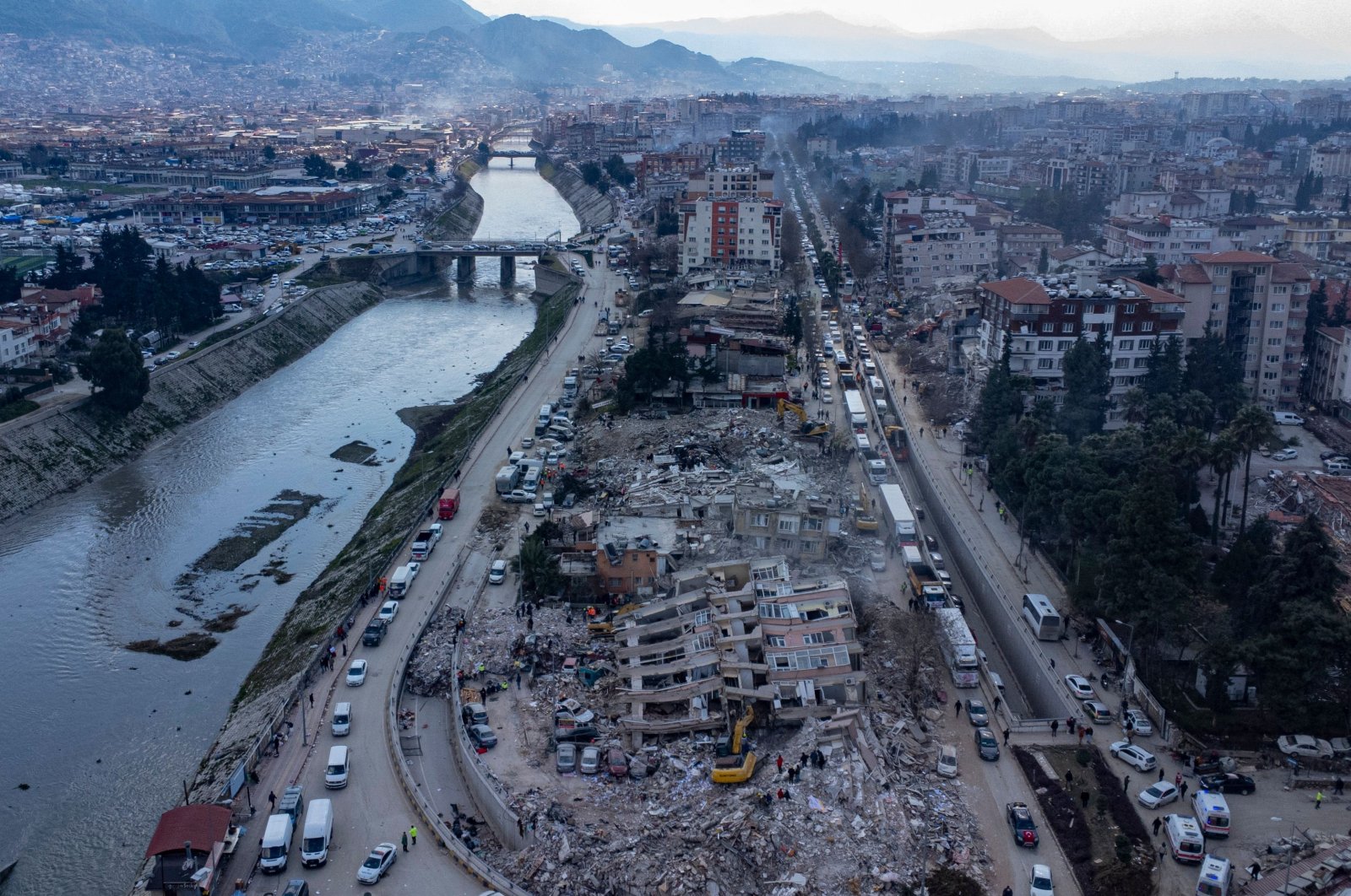 This aerial view shows a collapsed building during the ongoing rescue operation in Hatay, southeastern Türkiye, Feb. 10, 2023. (AFP Photo)