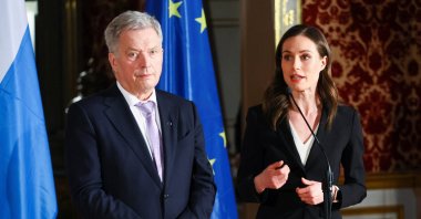 Finland's Prime Minister Sanna Marin delivers a statement next to Finland's President Sauli Niinisto during the Munich Security Conference (MSC) in Munich, Germany February 18, 2023. (Reuters Photo)