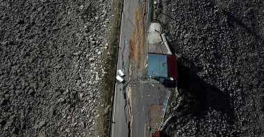 This aerial view shows cracks on a road near the earthquake epicenter in Pazarcık district of Kahramanmaraş, Türkiye, Feb. 16, 2023. (AFP Photo)