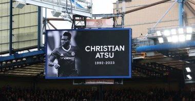 A detailed view of The LED board which shows the tribute in memory of former Premier League player Christian Atsu before Chelsea-Southampton EPL match at Stamford Bridge, London, UK., Feb.18, 2023. (Getty Images Photo)
