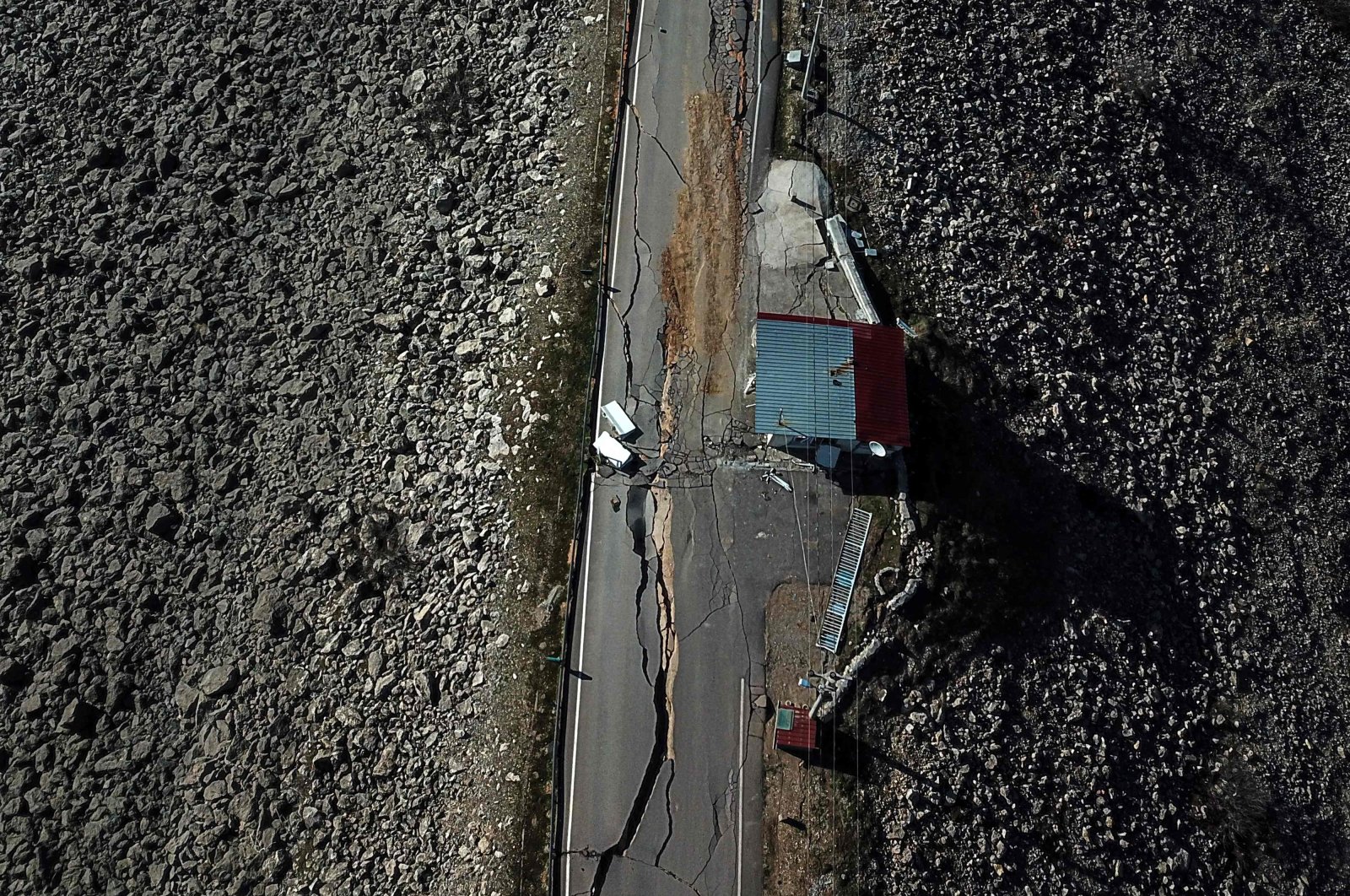 This aerial view shows cracks on a road near the earthquake epicenter in Pazarcık district of Kahramanmaraş, Türkiye, Feb. 16, 2023. (AFP Photo)