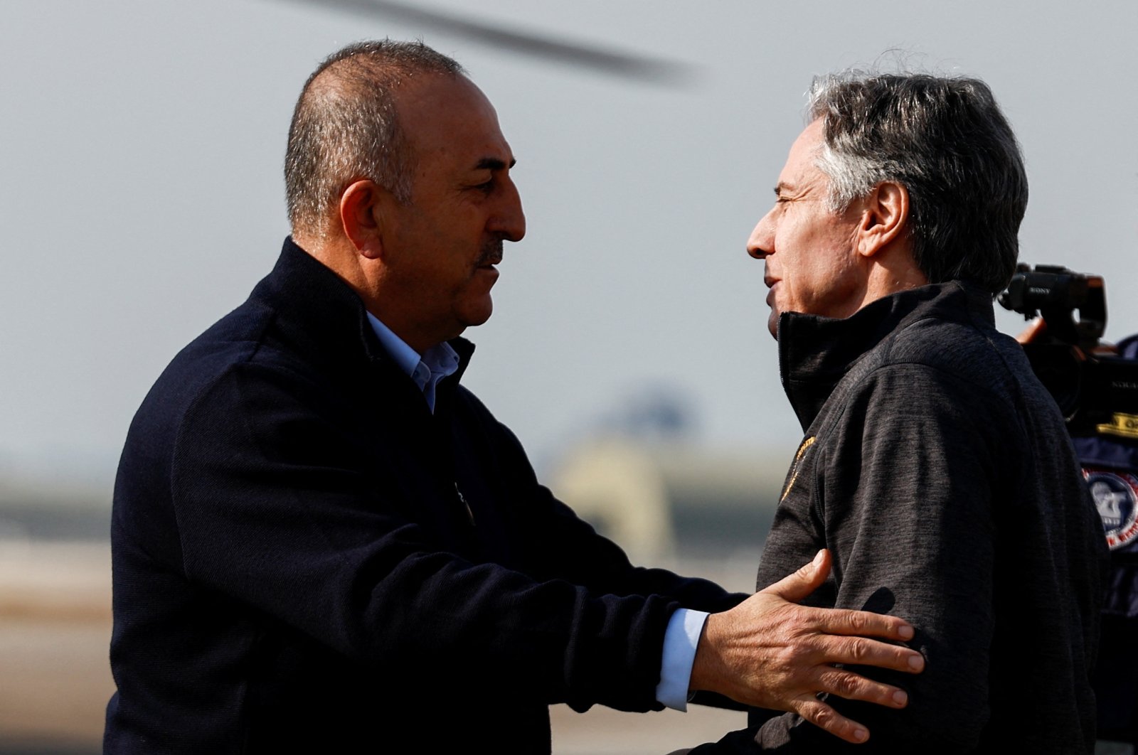 U.S. Secretary of State Antony Blinken is greeted by Foreign Minister Mevlüt Çavuşoğlu, at Incirlik Air Base near Adana, Türkiye, February 19, 2023. (REUTERS Photo)