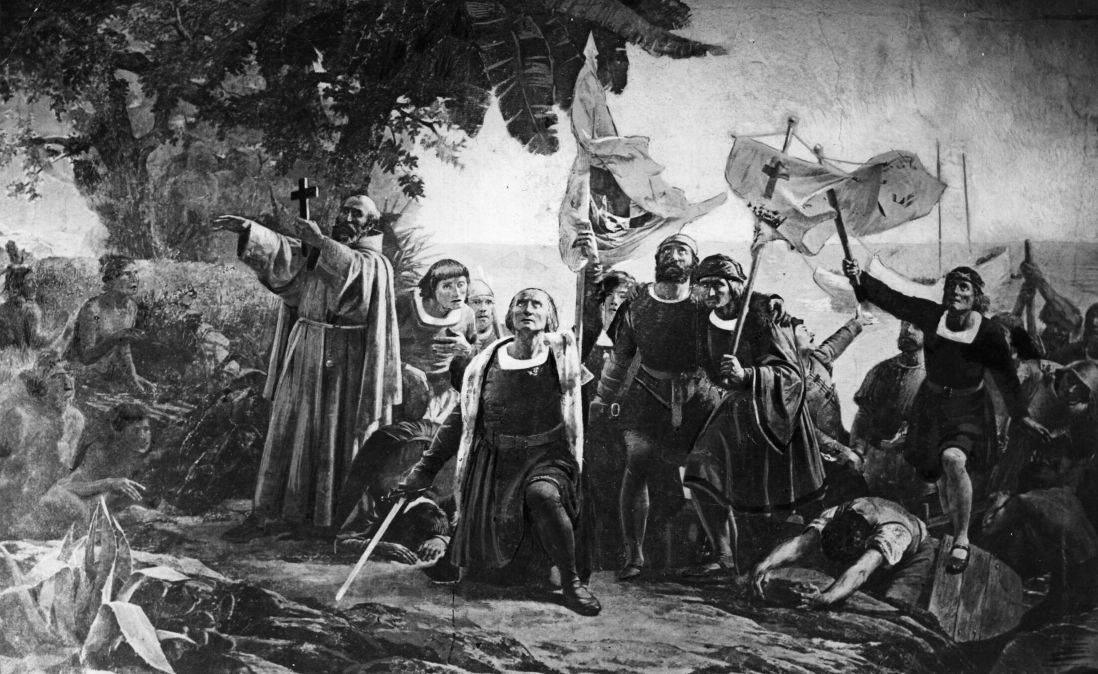 Sebuah karya seni dari abad ke-19 menunjukkan Christopher Columbus mendarat di Amerika dengan Piuzon Brothers membawa bendera dan salib pada tahun 1492. (Foto Getty Images)