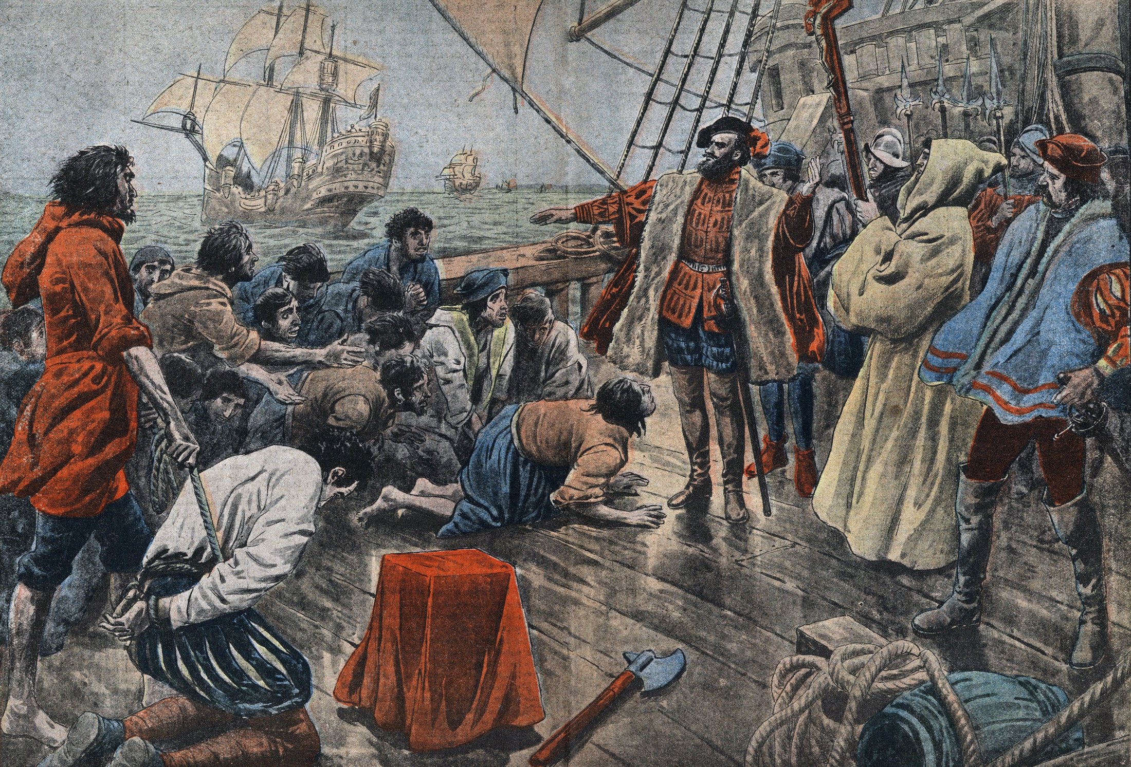 Ilustrasi kru Ferdinand Magellan yang bersumpah setia kepadanya di kayu salib setelah pemberontakan yang gagal.  (Foto Getty Images)