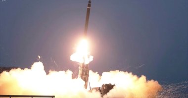 This screengrab reportedly shows a ballistic missile being launched from an undisclosed location in North Korea, Feb. 20, 2023. (AP Photo)