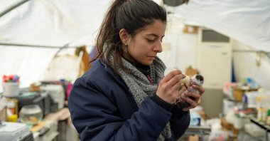 Petek Nur Sezer, a volunteer for the local NGO Haytap, feeds a kitten in Antakya, south of Türkiye, Feb. 18, 2023. (AFP Photo)