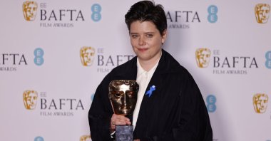 Charlotte Wells, winner of the Outstanding Debut Award poses in the press room of the 2023 EE BAFTA Film Awards ceremony at the Southbank Centre, in London, U.K., Feb. 19, 2023. (EPA Photo)