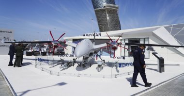A drone made by Turkish manufacturer Baykar is seen at the International Defense Exhibition and Conference in Abu Dhabi, United Arab Emirates, Feb. 20, 2023. (AP Photo)