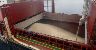 The bulk carrier Valsamitis is loaded with wheat at the Black Sea port of Chornomorsk near Odessa, Ukraine, Feb. 18, 2023. (EPA Photo)