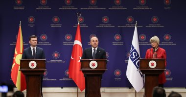 Foreign Minister Mevlüt Çavuşoğlu (C) speaks at a joint news conference with his North Macedonian counterpart Bujar Osmani (L), the term president of the Organization for Security and Cooperation in Europe (OSCE), and Helga Schmid, secretary-general of the OSCE, Ankara, Türkiye, Feb. 20, 2023. (AA Photo)