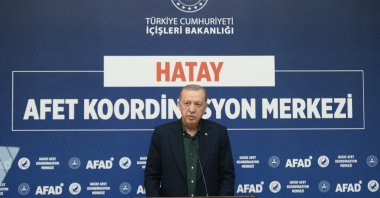President Recep Tayyip Erdoğan speaks at the AFAD Coordination Center in Hatay, Feb. 20, 2023. (AA Photo)