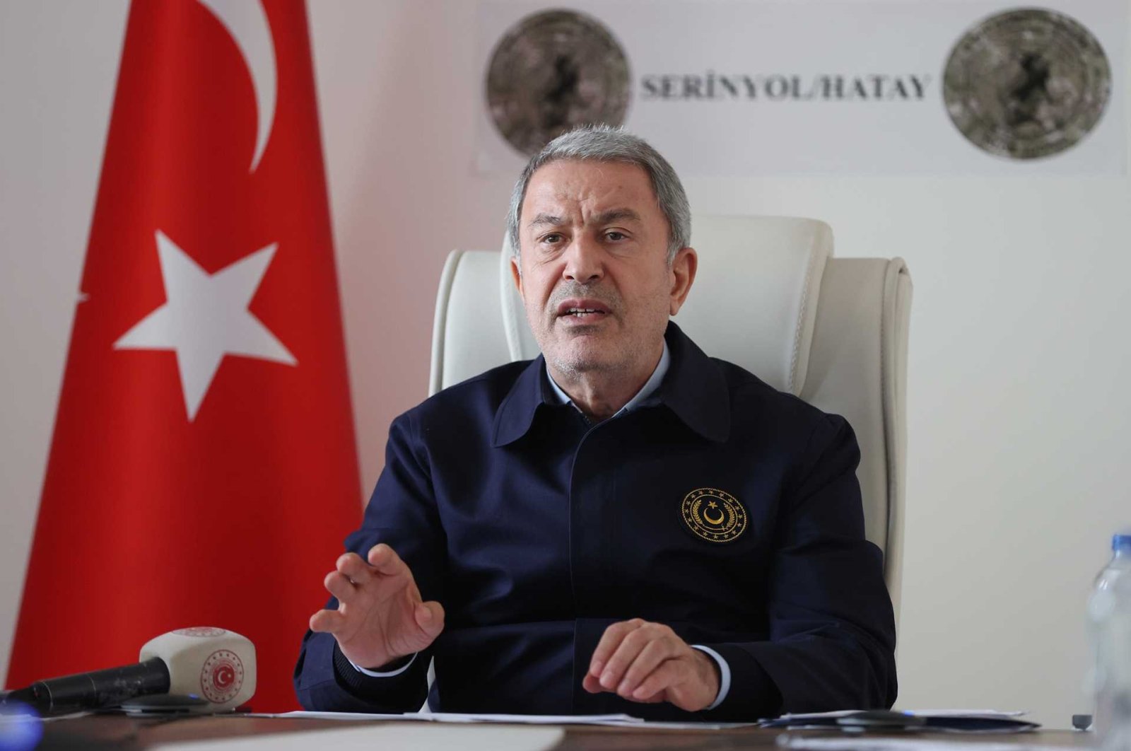 Defense Minister Hulusi Akar is seen during a videoconference with high-level military officials in Hatay province&#039;s Serinyol district, Türkiye, Feb. 20, 2023. (DHA Photo)