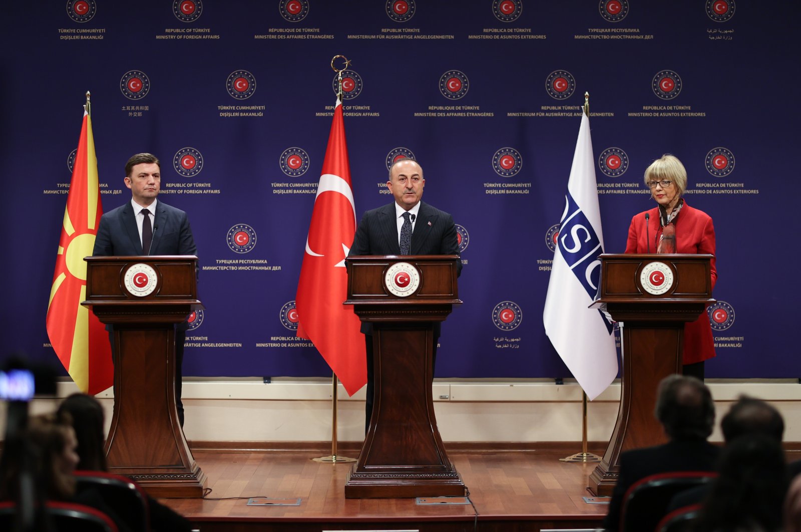 Foreign Minister Mevlüt Çavuşoğlu (C) speaks at a joint news conference with his North Macedonian counterpart Bujar Osmani (L), the term president of the Organization for Security and Cooperation in Europe (OSCE), and Helga Schmid, secretary-general of the OSCE, Ankara, Türkiye, Feb. 20, 2023. (AA Photo)