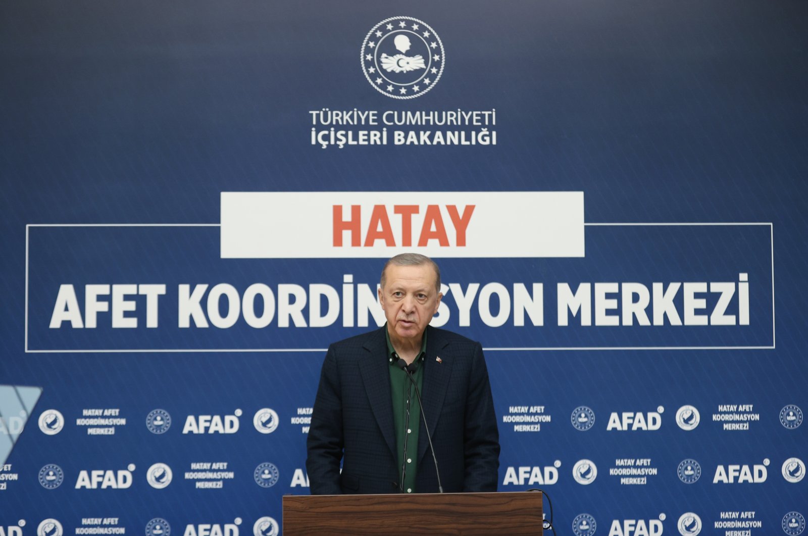 President Recep Tayyip Erdoğan speaks at the AFAD Coordination Center in Hatay, Feb. 20, 2023. (AA Photo)