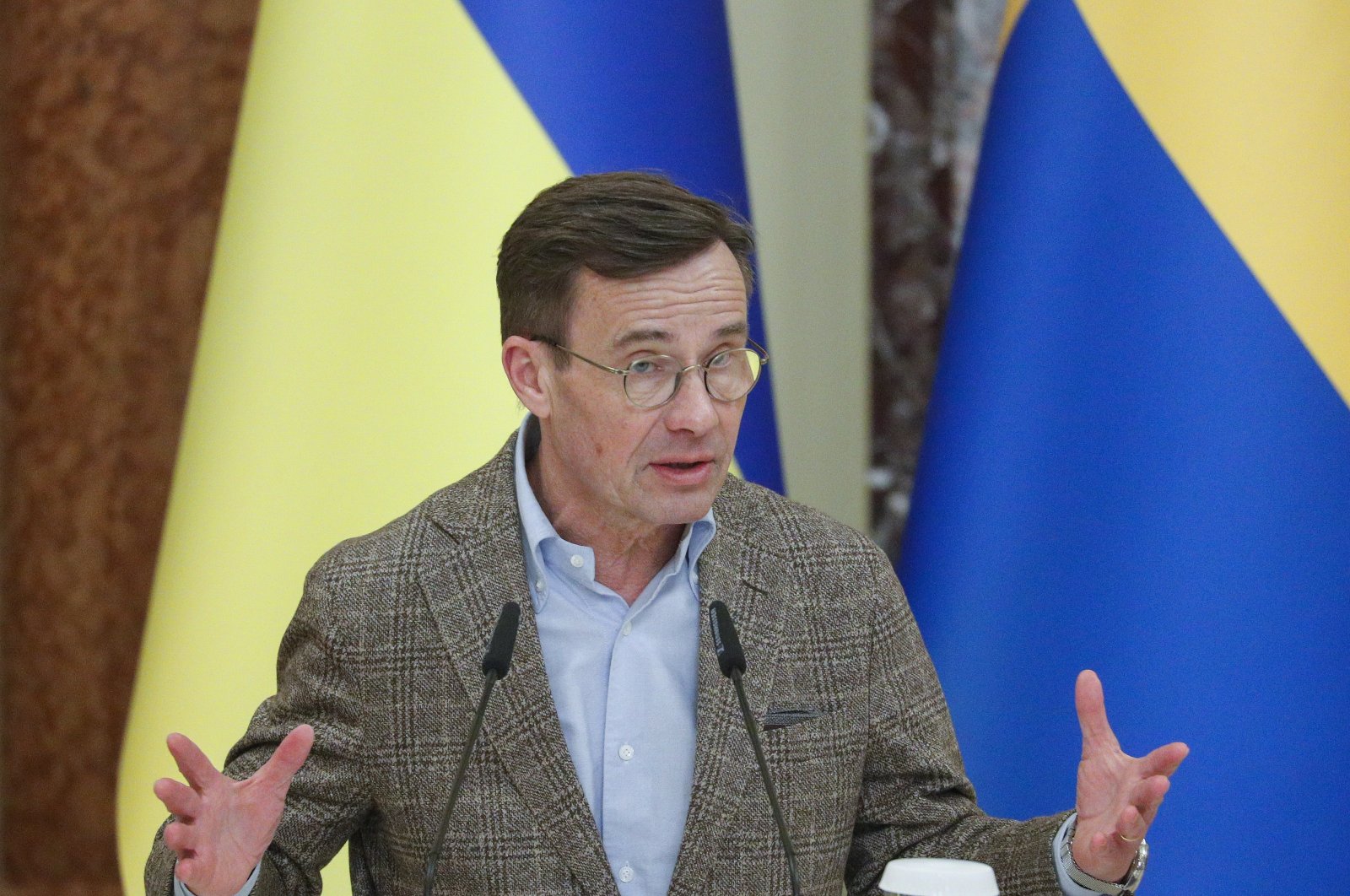 Sweden&#039;s Prime Minister Ulf Kristersson attends a joint press conference with Ukraine&#039;s President Volodymyr Zelenskyy following their meeting, in Kyiv, Ukraine, Feb. 15, 2023. (EPA File Photo)