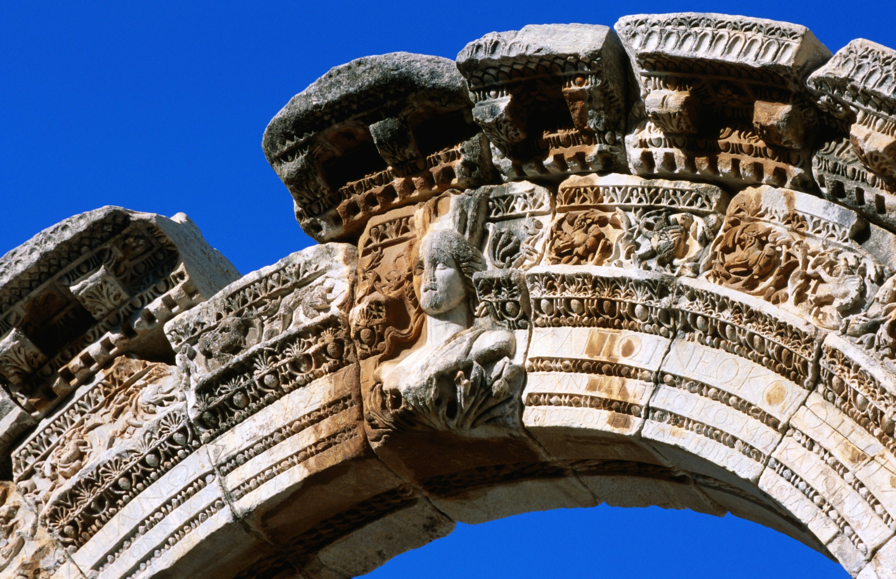 Details on the temple of Hadrian's arch in ancient city of Ephesus, Izmir, Türkiye, July 17, 2012. (Getty Images Photo)