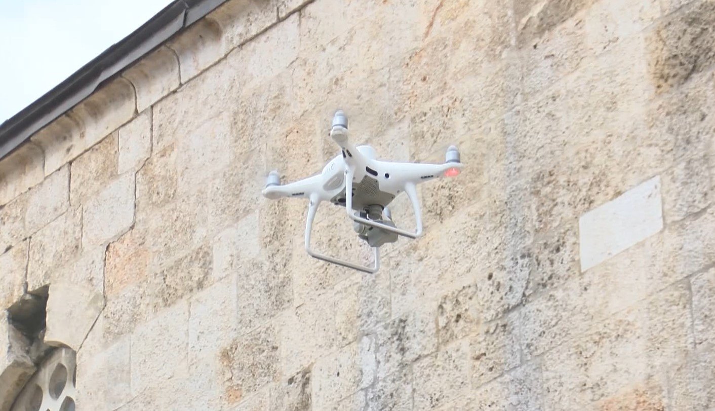 The drones work to map 3D models of the historical Ulu Mosque, Hatay, Türkiye, Feb. 20, 2023. (DHA Photo)