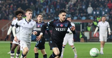Trabzonspor football player Maxi Gomez (2nd R) in action during UEFA Europa Conference League match against Basel at Şenol Güneş Sports Complex, Trabzon, Türkiye, Feb. 16, 2023. (AA Photo)