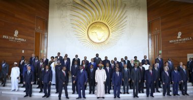 Leaders gather for a group photo at the African Union Summit in Addis Ababa, Ethiopia, Feb. 18, 2023. (AP Photo)