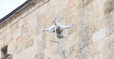 The drones work to map 3D models of the historical Ulu Mosque, Hatay, Türkiye, Feb. 20, 2023. (DHA Photo)