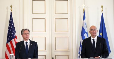 US Secretary of State Antony Blinken (L) speaks at a press conference with Greek FM Nikos Dendias, in Athens, Greece, Feb. 21, 2023. (AA Photo) 