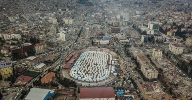 This aerial view shows tents set up on the grounds of a stadium after an earthquake, in Kahramanmaraş, southeastern Türkiye, Feb. 10, 2023. (AFP Photo)