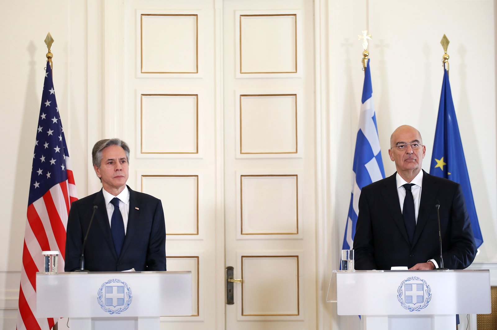 US Secretary of State Antony Blinken (L) speaks at a press conference with Greek FM Nikos Dendias, in Athens, Greece, Feb. 21, 2023. (AA Photo) 