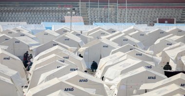 Tents set up by the Disaster and Emergency Management Authority (AFAD) in a stadium, in Kahramanmaraş, Türkiye, Feb. 11, 2023. (Getty Images Photo)