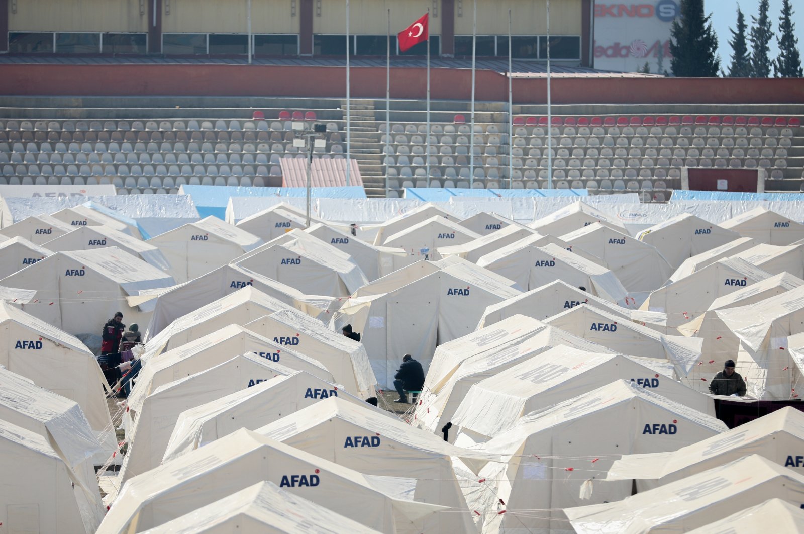 Tents set up by the Disaster and Emergency Management Authority (AFAD) in a stadium, in Kahramanmaraş, Türkiye, Feb. 11, 2023. (Getty Images Photo)